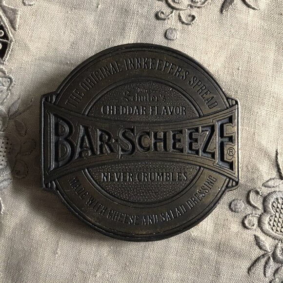 Vintage Belt Buckle, Win Schuler's BAR-SCHEEZE cheese spread, Solid Brass, 3"x3" - Picture 2 of 8
